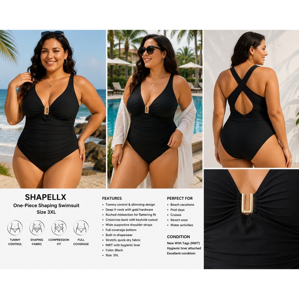 Shapellx Womens One Piece Shaping Swimsuit Black Gold Hardware Ruched 3XL New
